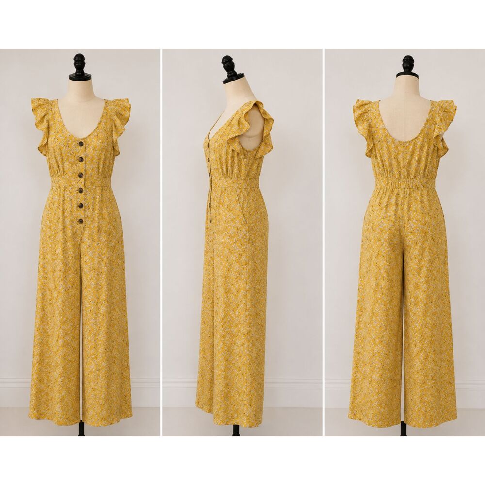 Sweet Wanderer Women’s M Mustard Yellow Floral Wide Leg Jumpsuit Ruffle Button